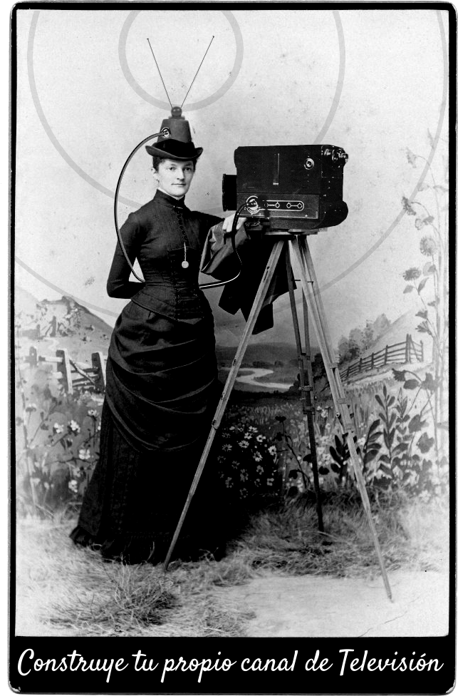 Ilustración donde aparece una muchacha de la era victoriana pero con una cámara de televisión de los años 50