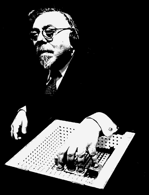 Archivo gif con ilustración basada en una foto de Robert Wiener en la cuál tiene audífonos antiguos puestos, su mano colocada en una caja y sus dedos tocando botones eléctricos