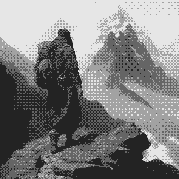 Ilustración de un alpinista llegando a un valle y al frente una montaña nevada